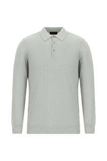 Açık Gri Melanj Polo Yaka Regular Fit Desenli Pamuklu Kaşmirli Triko Kazak