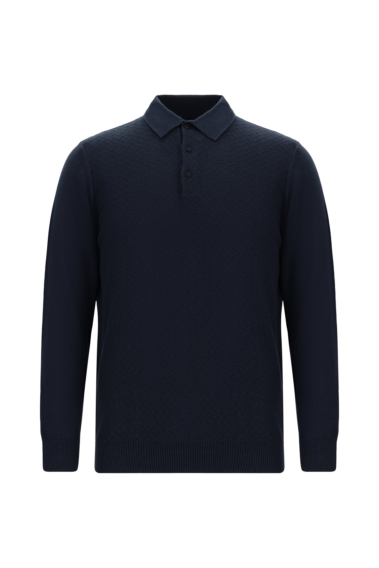 Koyu Lacivert Polo Yaka Regular Fit Desenli Pamuklu Kaşmirli Triko Kazak