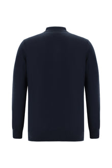 Koyu Lacivert Polo Yaka Regular Fit Desenli Pamuklu Kaşmirli Triko Kazak
