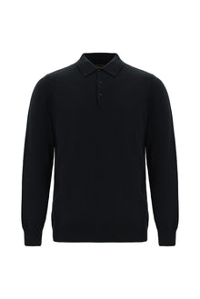 Siyah Polo Yaka Regular Fit Desenli Pamuklu Kaşmirli Triko Kazak