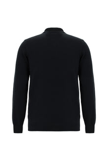 Siyah Polo Yaka Regular Fit Desenli Pamuklu Kaşmirli Triko Kazak