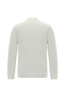 Ekru Polo Yaka Regular Fit Desenli Pamuklu Kaşmirli Triko Kazak