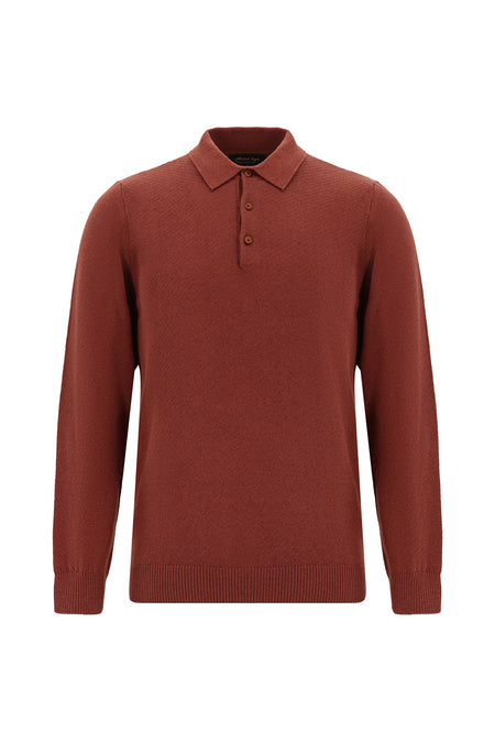 Kiremit Polo Yaka Regular Fit Desenli Pamuklu Kaşmirli Triko Kazak