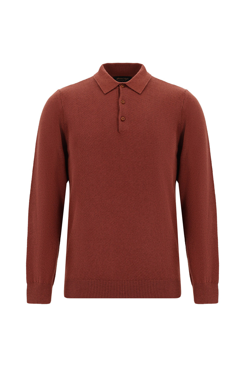 Kiremit Polo Yaka Regular Fit Desenli Pamuklu Kaşmirli Triko Kazak