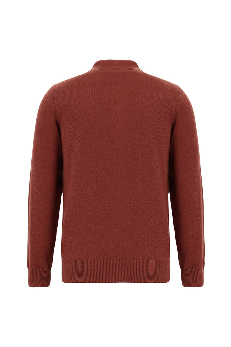 Kiremit Polo Yaka Regular Fit Desenli Pamuklu Kaşmirli Triko Kazak