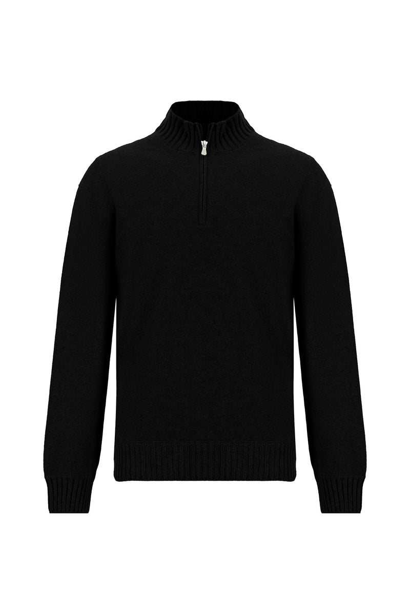 Siyah Yarım Balıkçı Yaka Regular Fit Fermuarlı Kaşmir Triko Kazak