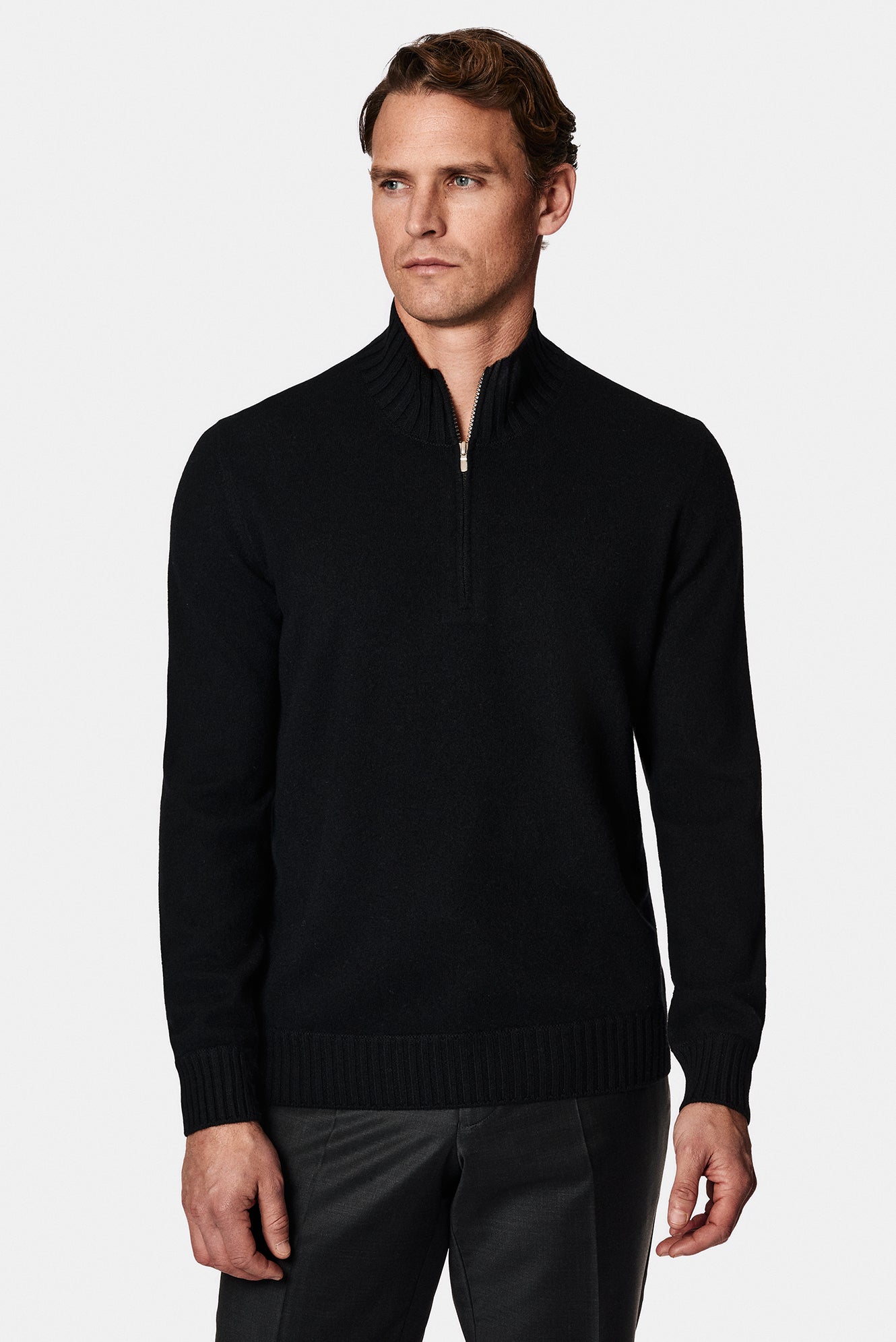 Siyah Yarım Balıkçı Yaka Regular Fit Fermuarlı Kaşmir Triko Kazak