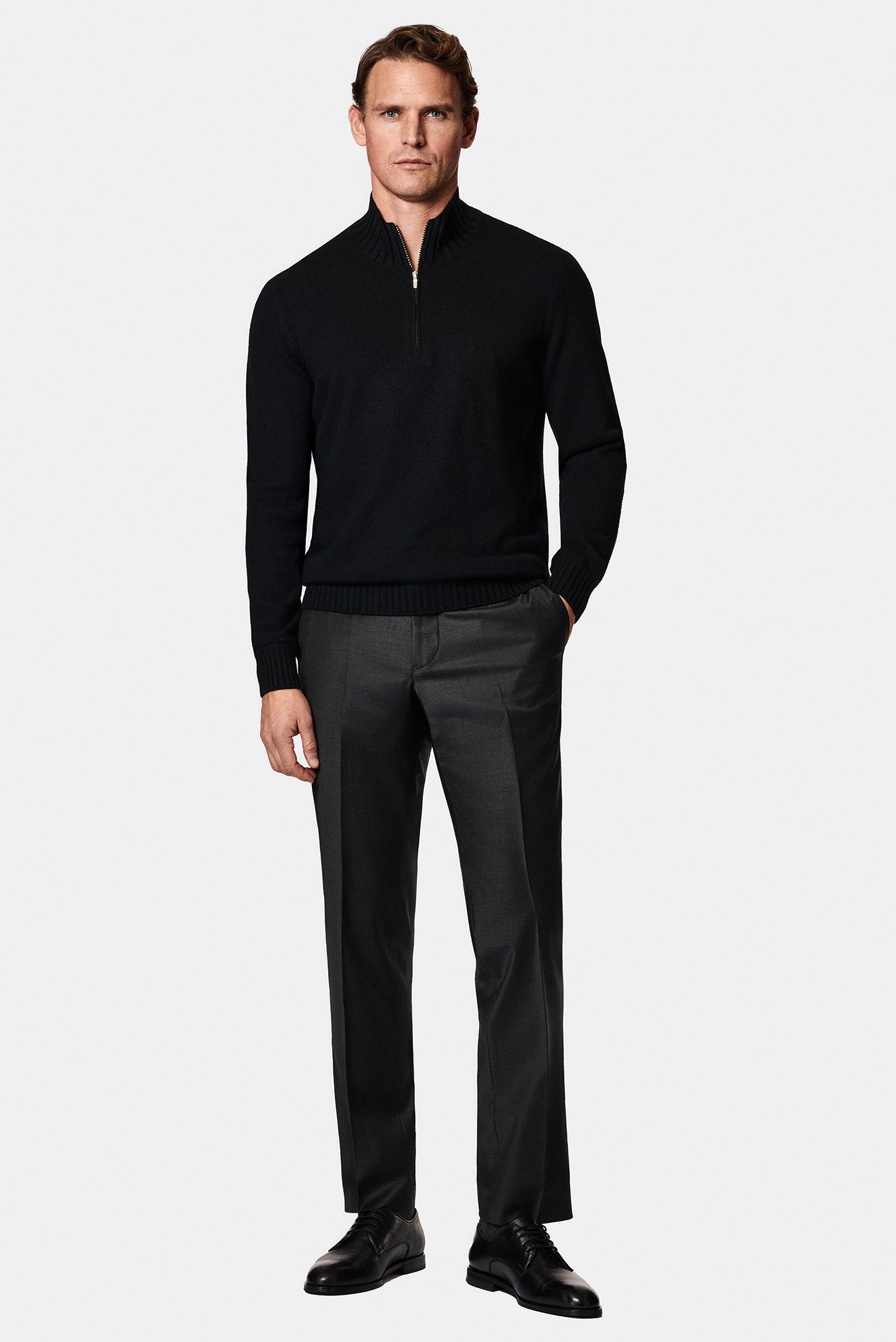 Siyah Yarım Balıkçı Yaka Regular Fit Fermuarlı Kaşmir Triko Kazak