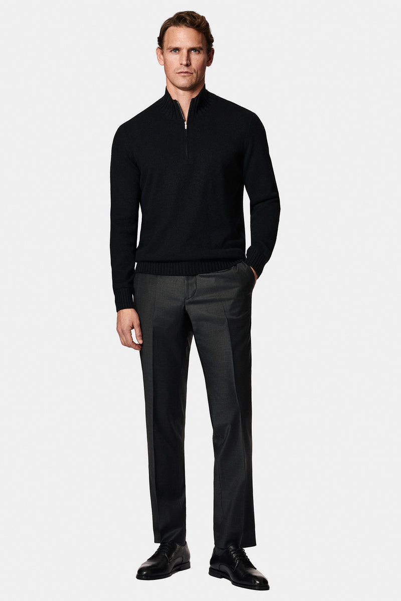 Siyah Yarım Balıkçı Yaka Regular Fit Fermuarlı Kaşmir Triko Kazak