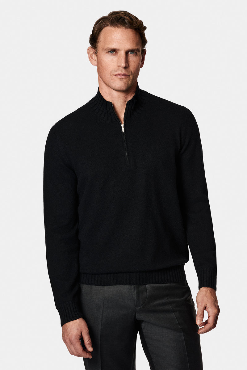 Siyah Yarım Balıkçı Yaka Regular Fit Fermuarlı Kaşmir Triko Kazak