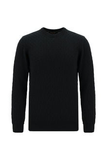 Siyah Bisiklet Yaka Slim Fit Dar Kesim Desenli Pamuklu Kaşmirli Triko Kazak
