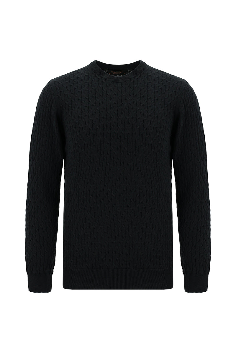 Siyah Bisiklet Yaka Slim Fit Dar Kesim Desenli Pamuklu Kaşmirli Triko Kazak
