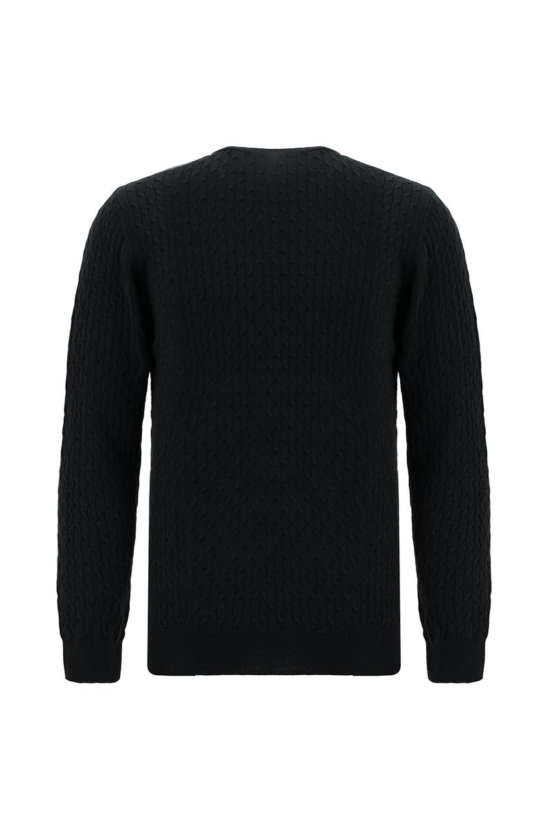 Siyah Bisiklet Yaka Slim Fit Dar Kesim Desenli Pamuklu Kaşmirli Triko Kazak