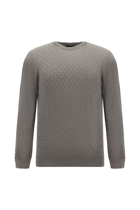 Orta Gri Melanj Bisiklet Yaka Slim Fit Dar Kesim Desenli Pamuklu Kaşmirli Triko Kazak