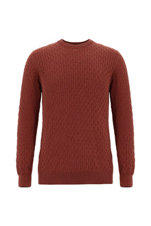 Kiremit Bisiklet Yaka Slim Fit Dar Kesim Desenli Pamuklu Kaşmirli Triko Kazak