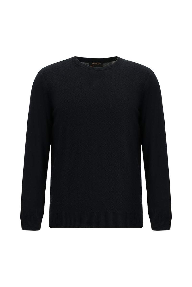 Siyah Bisiklet Yaka Regular Fit Desenli Pamuklu Kaşmirli Triko Kazak