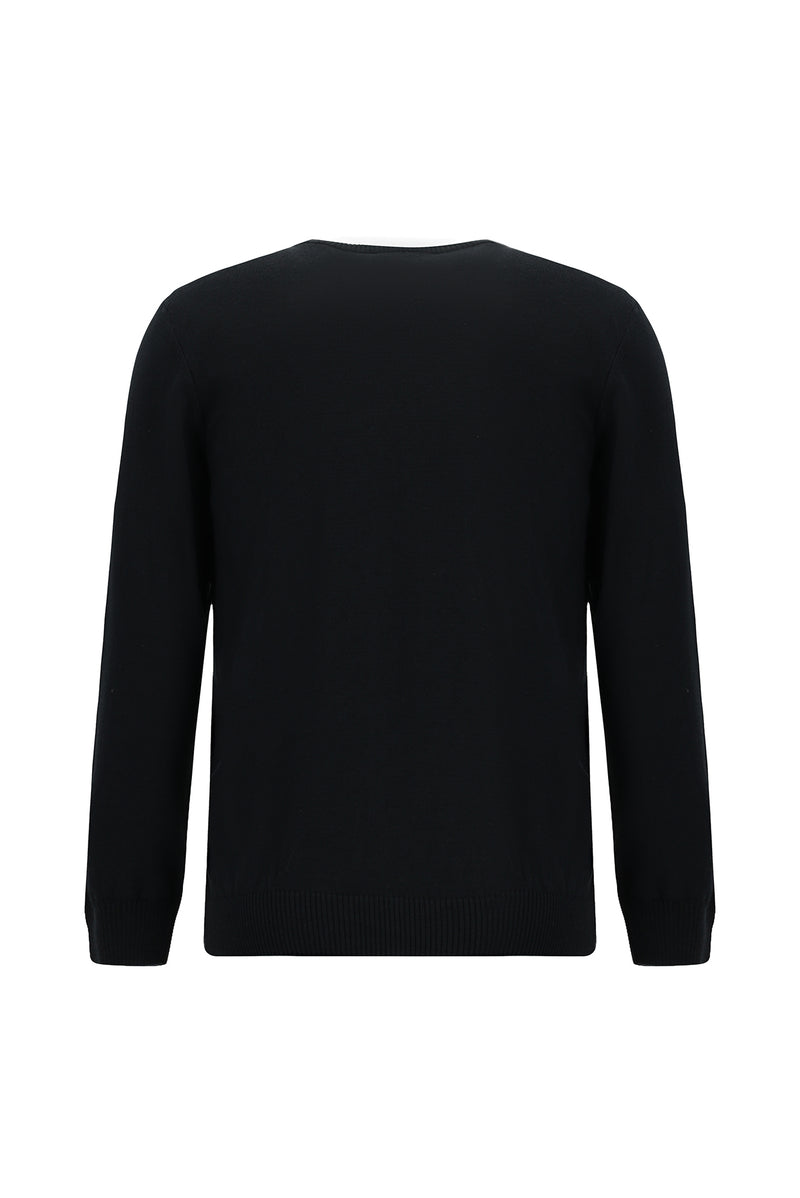 Siyah Bisiklet Yaka Regular Fit Desenli Pamuklu Kaşmirli Triko Kazak