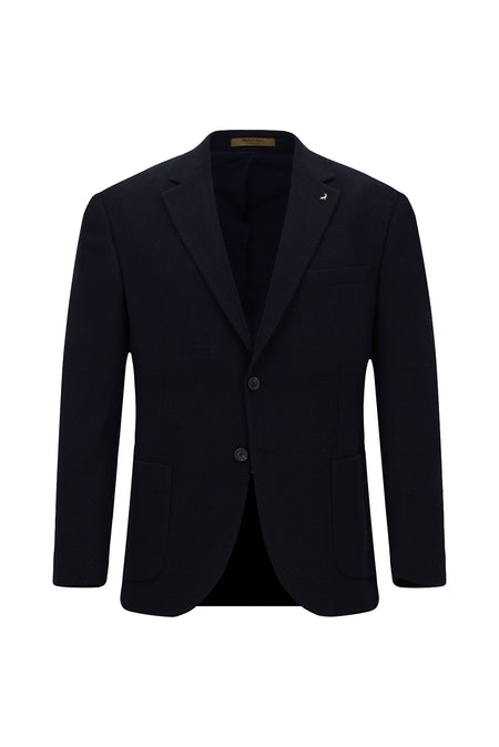 Koyu Lacivert 7 Drop Slim Fit Dar Kesim Yünlü Mono Yaka Tam Astar Torba Cep Desenli İtalyan Ceket