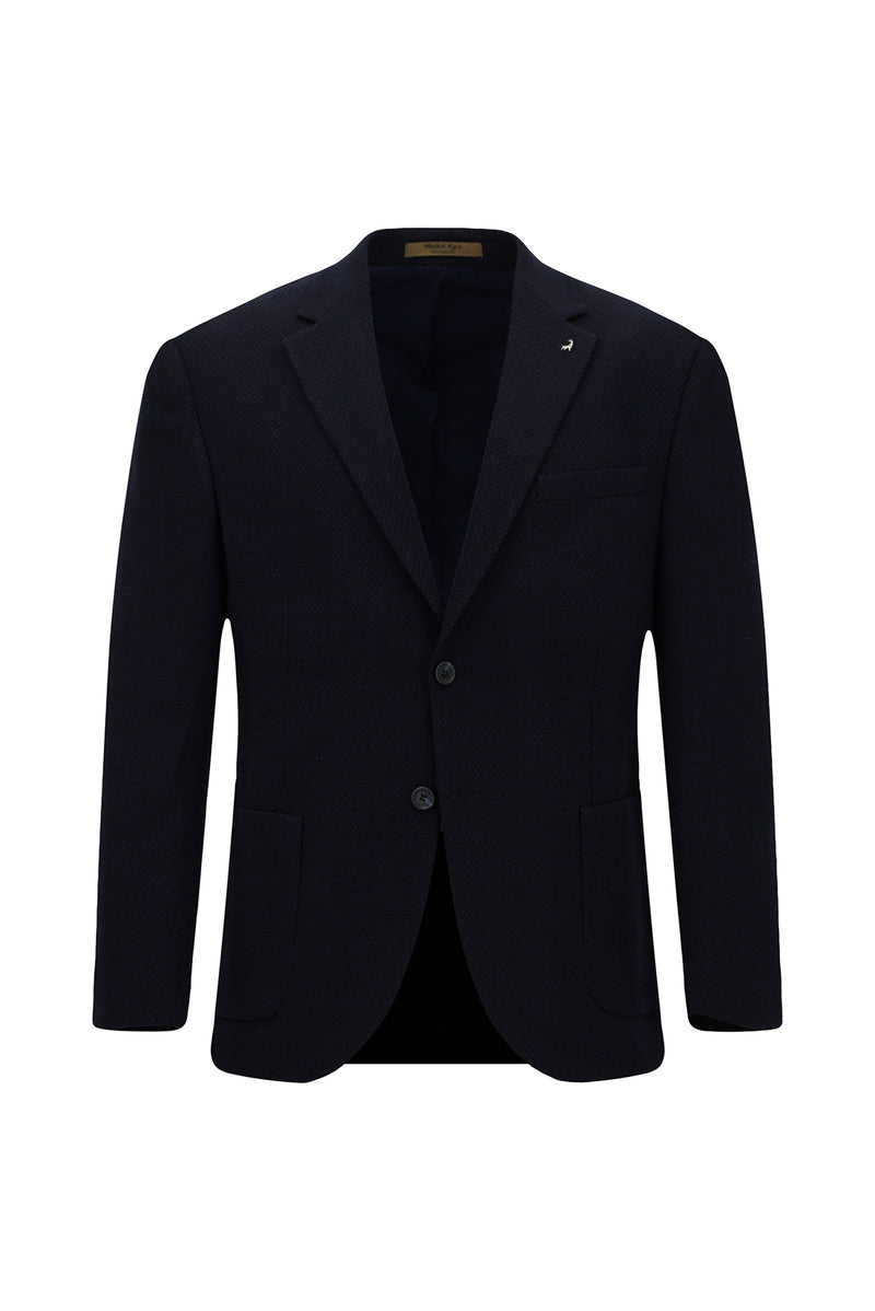 Koyu Lacivert 7 Drop Slim Fit Dar Kesim Yünlü Mono Yaka Tam Astar Torba Cep Desenli İtalyan Ceket