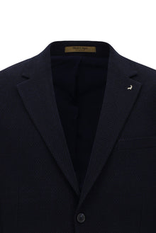 Koyu Lacivert 7 Drop Slim Fit Dar Kesim Yünlü Mono Yaka Tam Astar Torba Cep Desenli İtalyan Ceket