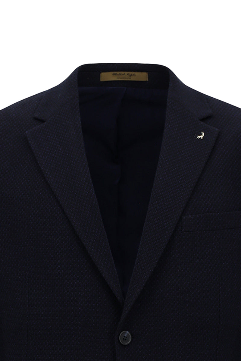 Koyu Lacivert 7 Drop Slim Fit Dar Kesim Yünlü Mono Yaka Tam Astar Torba Cep Desenli İtalyan Ceket