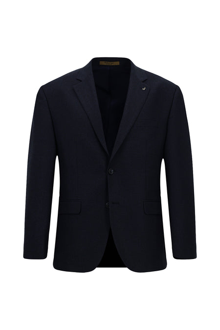 Koyu Lacivert 4 Drop Relaxed Fit Rahat Kesim Yün Mono Yaka Tam Astar Cepli Klasik Desenli İtalyan Ceket