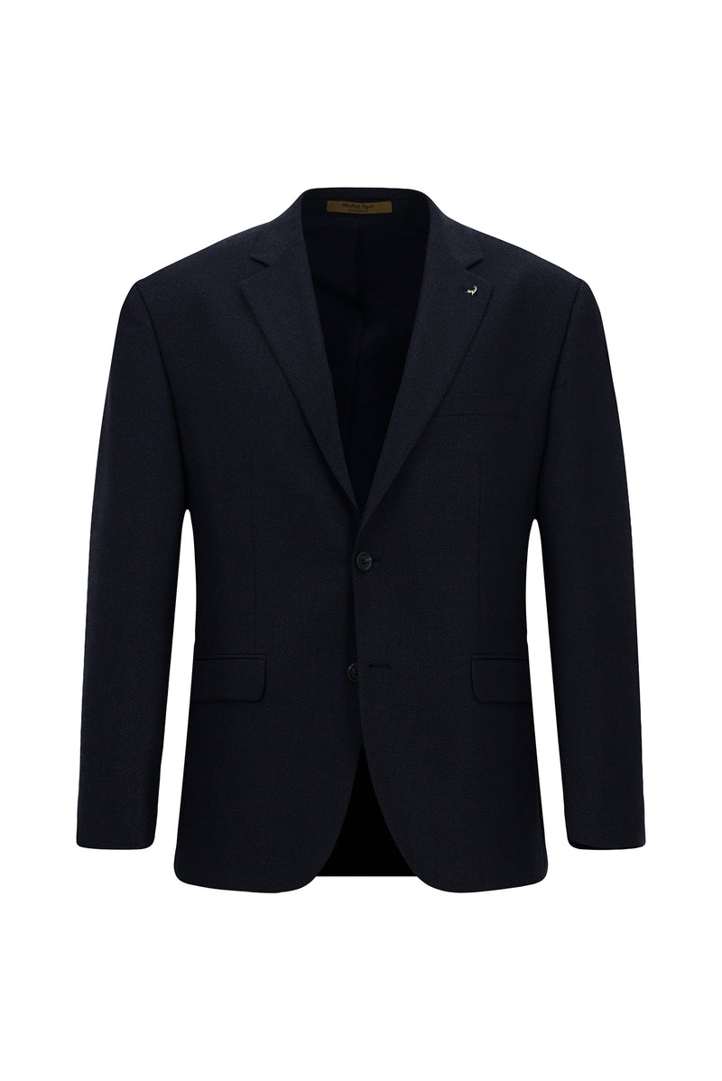 Koyu Lacivert 4 Drop Relaxed Fit Rahat Kesim Yün Mono Yaka Tam Astar Cepli Klasik Desenli İtalyan Ceket