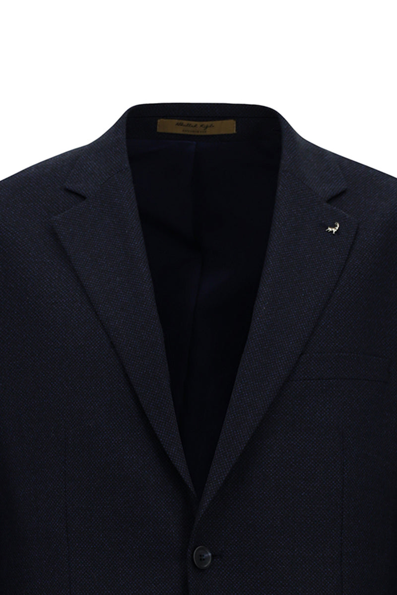 Koyu Lacivert 4 Drop Relaxed Fit Rahat Kesim Yün Mono Yaka Tam Astar Cepli Klasik Desenli İtalyan Ceket