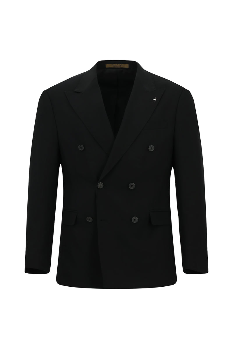 Siyah 6 Drop Regular Fit Standart Kesim Sivri Yaka Tam Astar Cepli Kruvaze İtalyan Yün Ceket