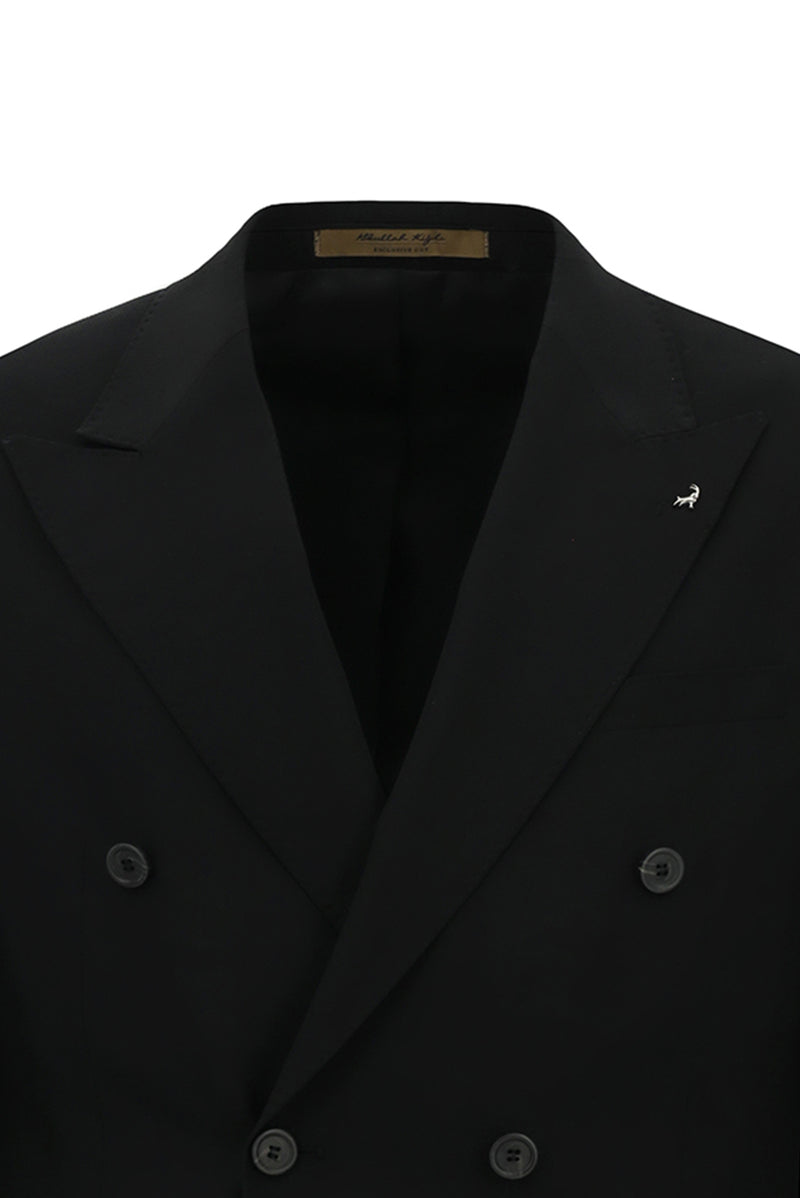 Siyah 6 Drop Regular Fit Standart Kesim Sivri Yaka Tam Astar Cepli Kruvaze İtalyan Yün Ceket