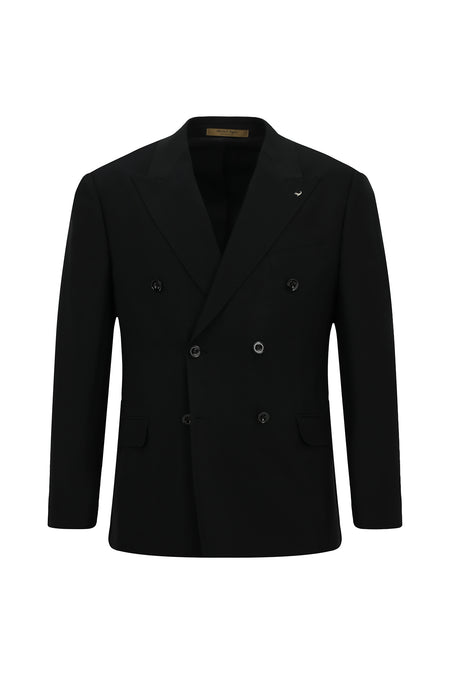 Siyah 7 Drop Slim Fit Dar Kesim Sivri Yaka Tam Astar Cepli Desenli Kruvaze İtalyan Yün Ceket