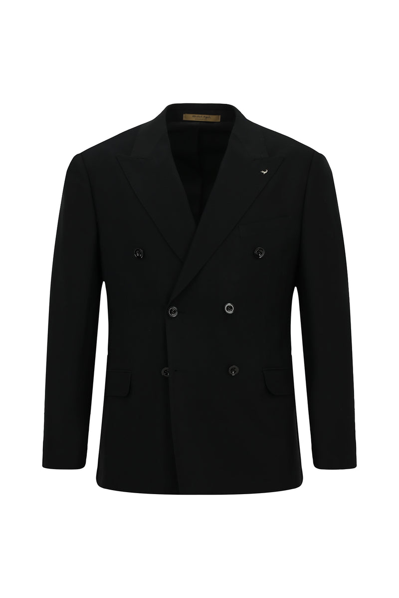 Siyah 7 Drop Slim Fit Dar Kesim Sivri Yaka Tam Astar Cepli Desenli Kruvaze İtalyan Yün Ceket