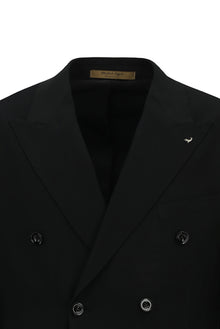 Siyah 7 Drop Slim Fit Dar Kesim Sivri Yaka Tam Astar Cepli Desenli Kruvaze İtalyan Yün Ceket