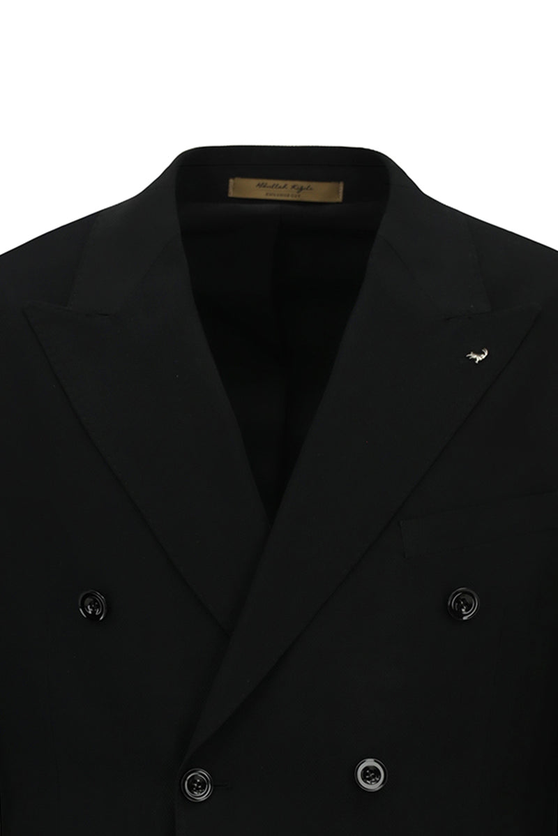 Siyah 7 Drop Slim Fit Dar Kesim Sivri Yaka Tam Astar Cepli Desenli Kruvaze İtalyan Yün Ceket