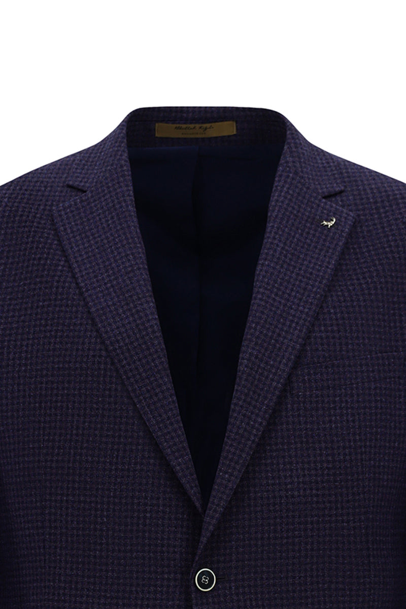 Koyu Lacivert 6 Drop Regular Fit Standart Kesim Mono Yaka Tam Astar Cepli Klasik Kareli Yün İtalyan Ceket