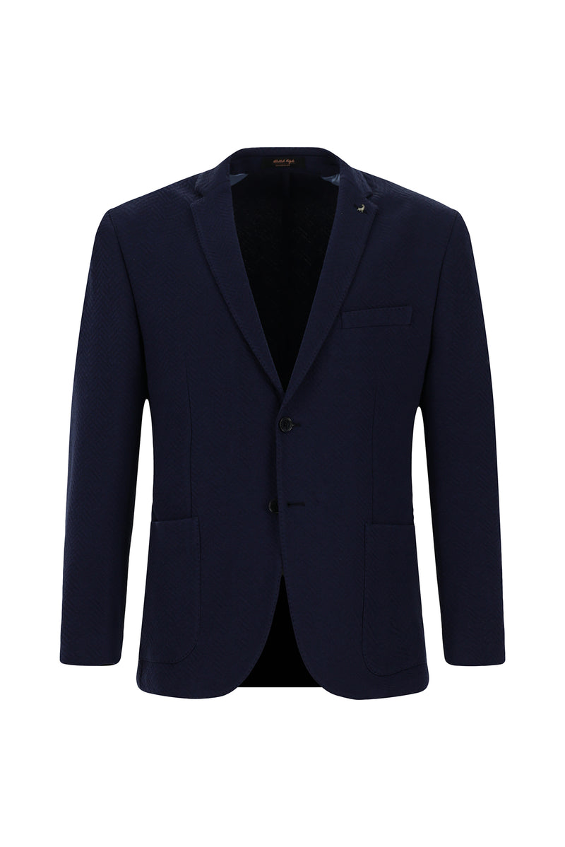 Koyu Lacivert Slim Fit Dar Kesim Desenli Örme Pamuklu Ceket