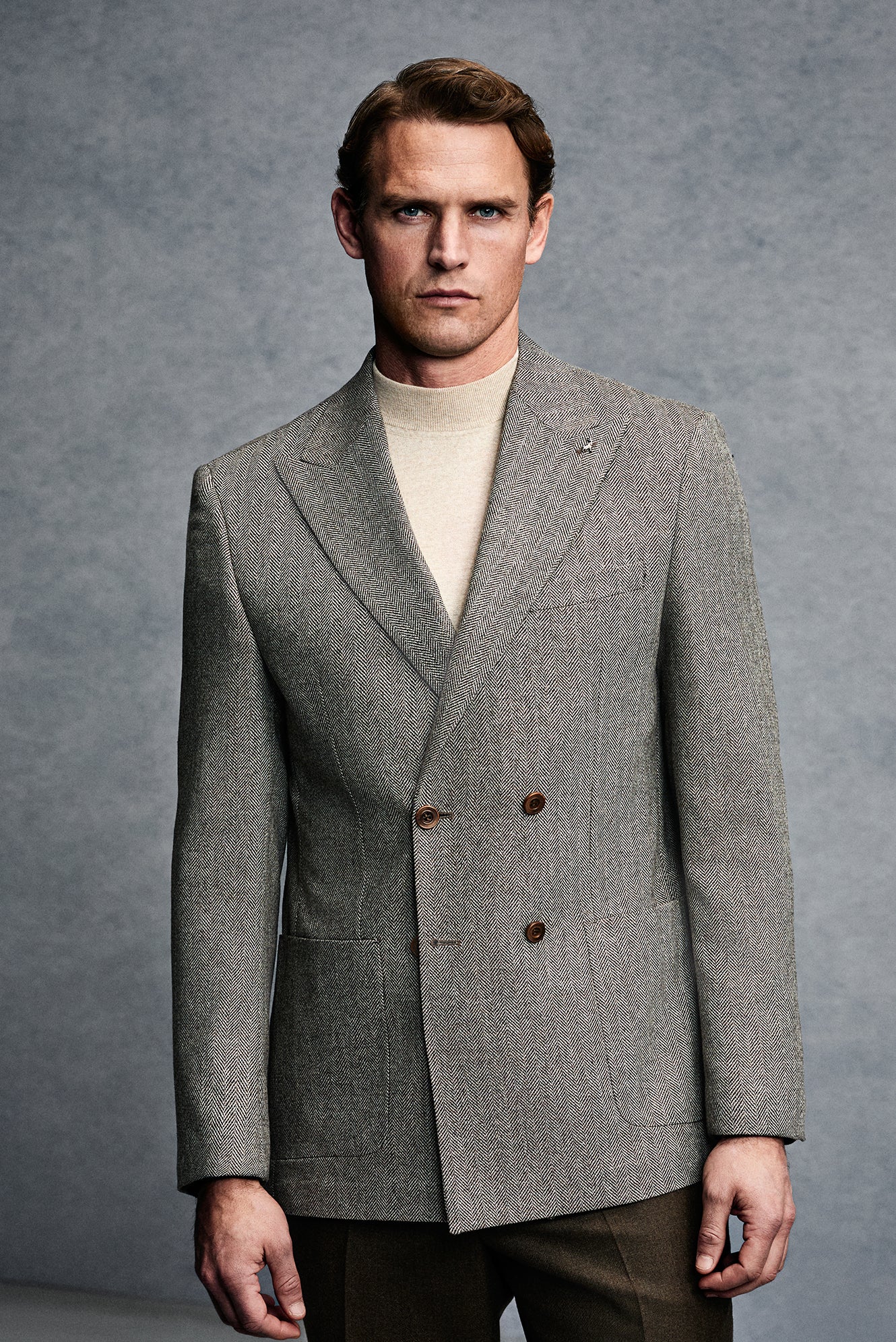 Açık Kahve  6 Drop Regular Fit Standart Kesim Desenli Yünlü Kruvaze Ceket