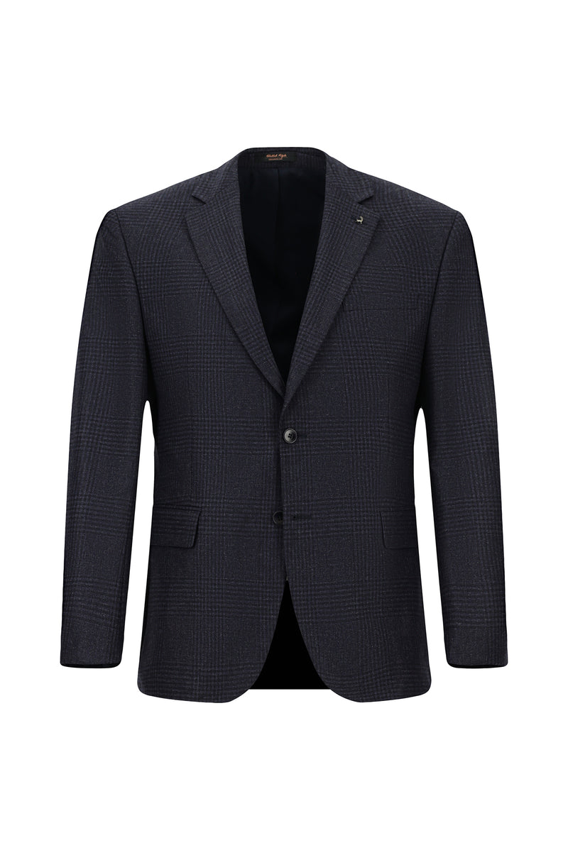 Koyu Lacivert Relaxed Fit Rahat Kesim Yünlü Klasik Ekose Ceket