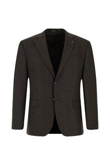 Koyu Kahve Relaxed Fit Rahat Kesim Yünlü Klasik Ekose Ceket
