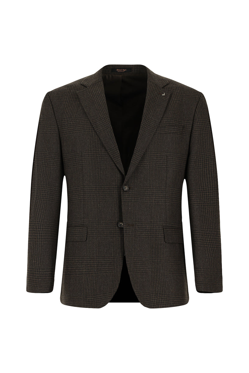 Koyu Kahve 6 Drop Regular Fit Standart Kesim Yünlü Klasik Ekose Ceket