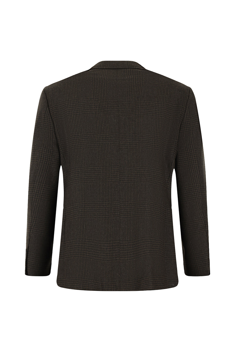 Koyu Kahve Relaxed Fit Rahat Kesim Yünlü Klasik Ekose Ceket