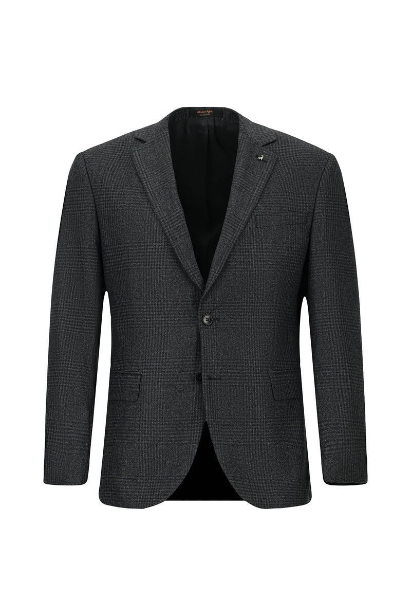 Koyu Antrasit 6 Drop Regular Fit Standart Kesim Yünlü Klasik Ekose Ceket
