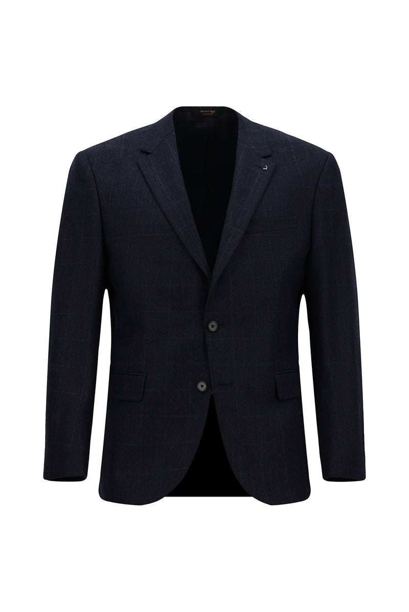 Orta Lacivert 6 Drop Regular Fit Standart Kesim Klasik Ekose Yünlü Ceket