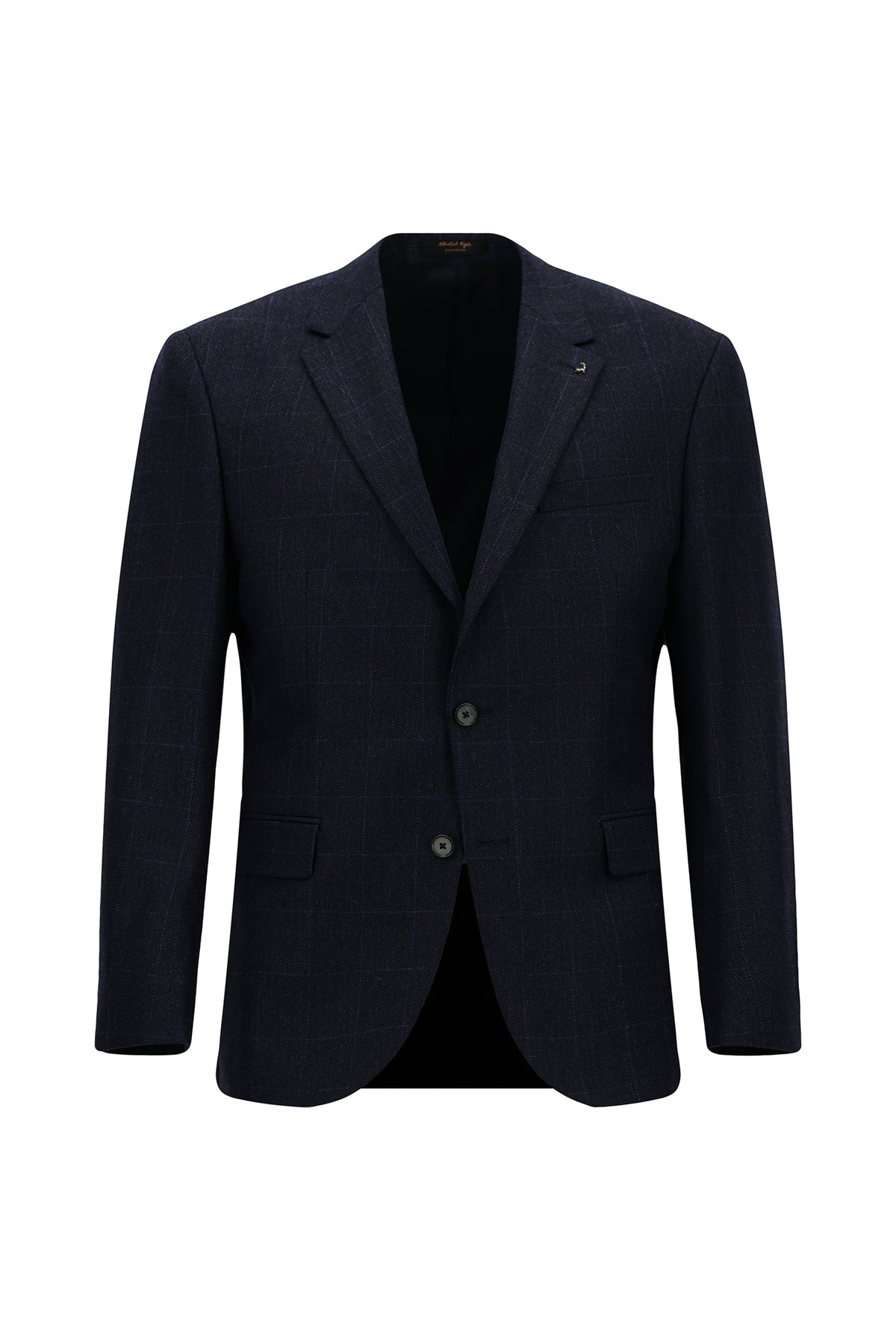 Orta Lacivert 7 Drop Slim Fit Dar Kesim Klasik Ekose Yünlü Ceket