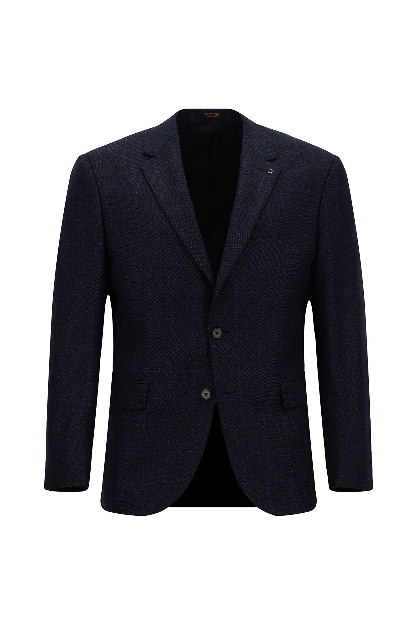 Orta Lacivert 7 Drop Slim Fit Dar Kesim Klasik Ekose Yünlü Ceket-Abdullah Ki??l?