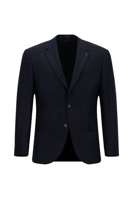 Orta Lacivert 7 Drop Slim Fit Dar Kesim Klasik Ekose Yünlü Ceket-Abdullah Ki??l?