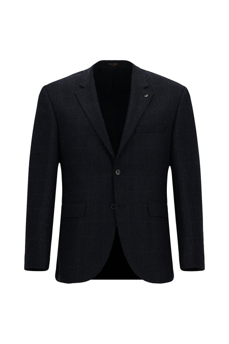 Koyu Lacivert 7 Drop Slim Fit Dar Kesim Klasik Ekose Yünlü Ceket-Abdullah Ki??l?