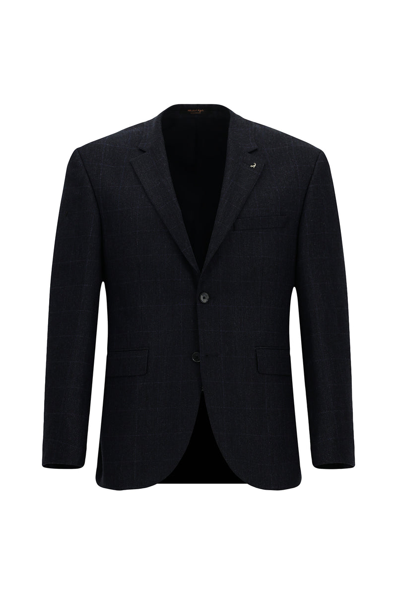 Koyu Lacivert 7 Drop Slim Fit Dar Kesim Klasik Ekose Yünlü Ceket-Abdullah Ki??l?