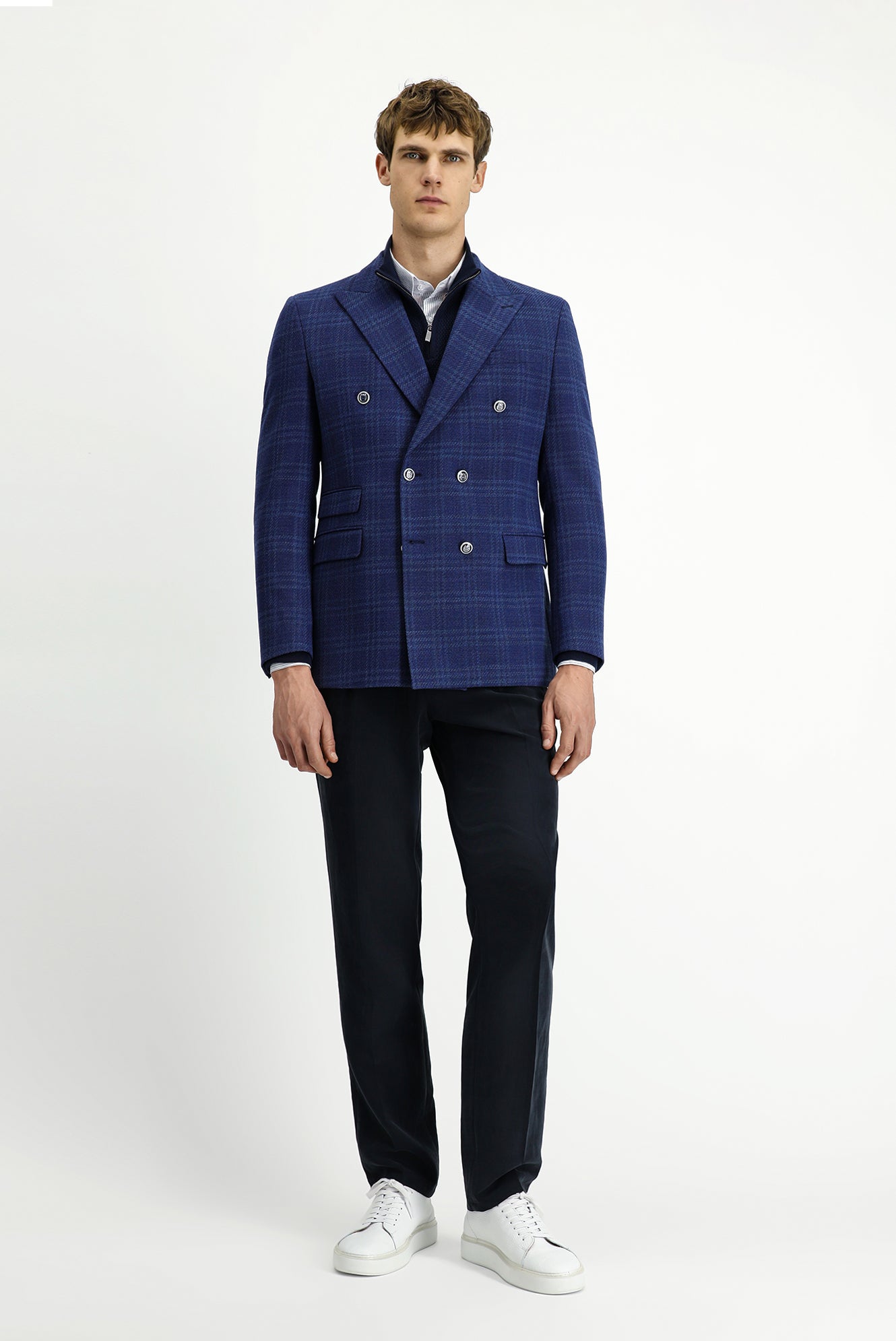 Orta Lacivert 7 Drop Slim Fit Dar Kesim Yünlü Kruvaze Ceket-Abdullah Ki??l?