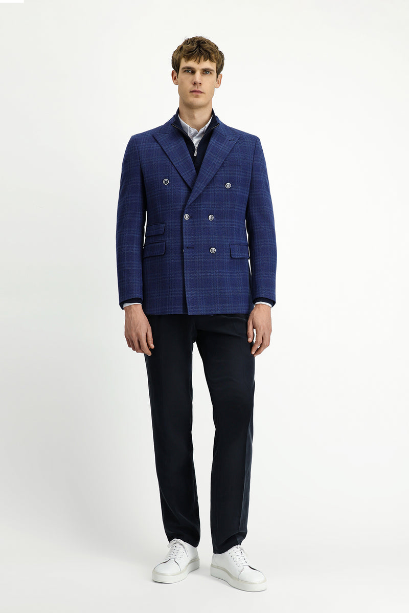 Orta Lacivert 7 Drop Slim Fit Dar Kesim Yünlü Kruvaze Ceket-Abdullah Ki??l?